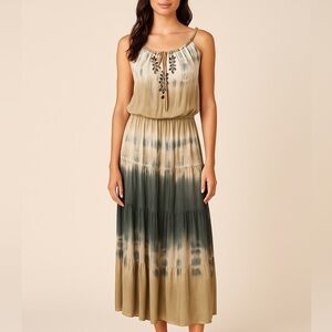 Hale Bob Silk Maxi Dress Tie-Dye Beaded Neutral Boho Tiered Size Medium